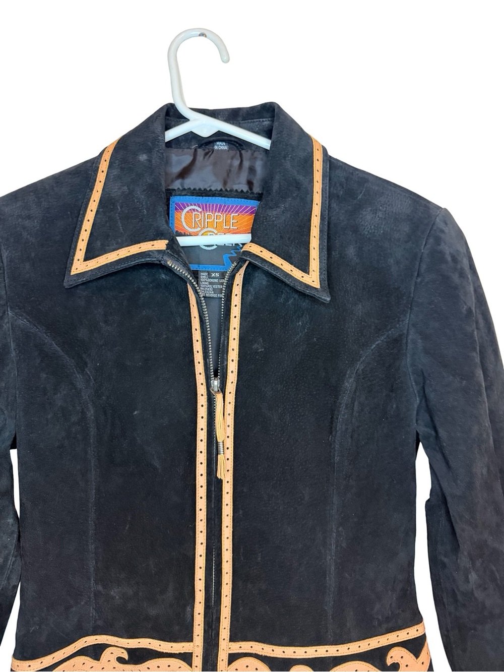 Cripple Creek Black Suede Leather Jacket XS Western Tooled Trim Southwestern Y2K - Picture 3 of 8